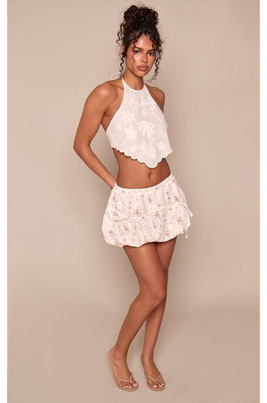 Cream Ditsy Print Textured Bow Detail Puffball Micro Mini Skirt