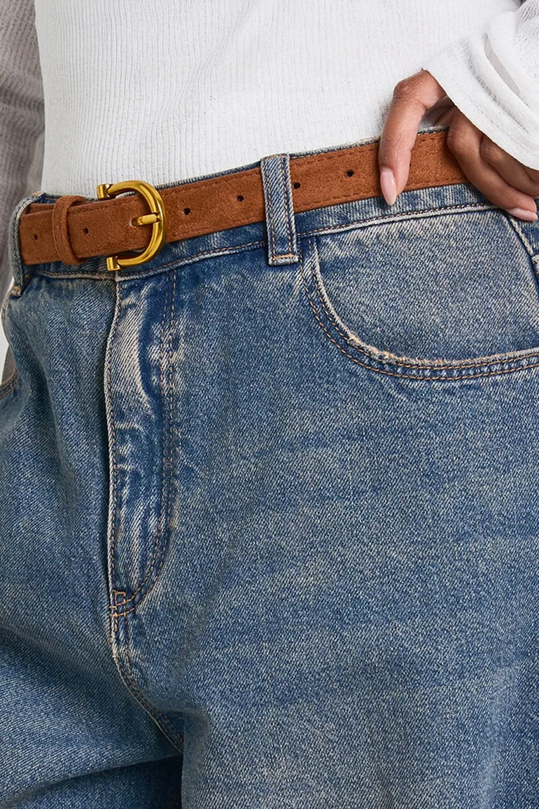 Faux Suede Gold D Buckle Belt - tan