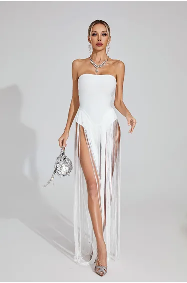 Briar White Fringe Strapless Maxi Dress