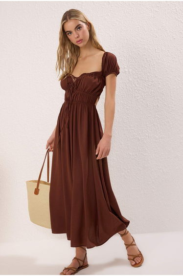 Brown Woven Gipe Detail Dress