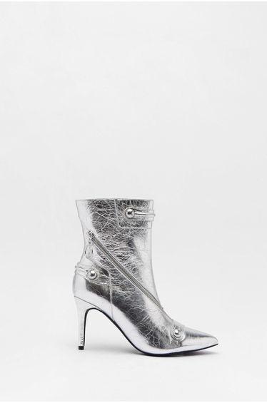 Leather Metallic Zip & Stud Pointed Toe Ankle Boots