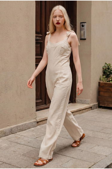 MY FASHION Sweetheart Neck Linen Blend Jumpsuit