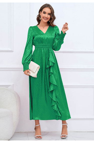 Glossy Leopard Jacquard Ruffle Maxi Dress in Green