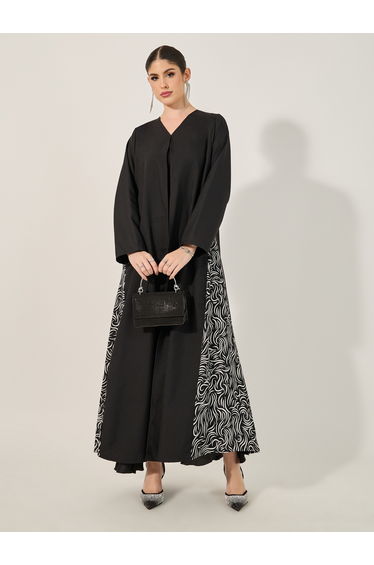 Printed Side Panel V-Neck Abaya with Hijab