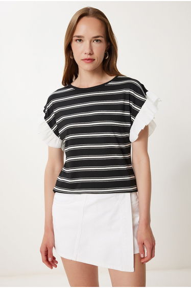 Women's Black Bone Striped Flounced Cotton Knitted Blouse