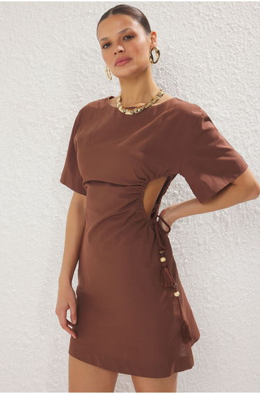 Brown Mini Woven Cut Out/Window Flamed Cotton Beach Dress