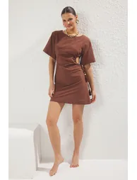 Brown Mini Woven Cut Out/Window Flamed Cotton Beach Dress - 1