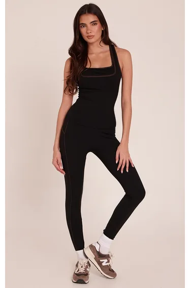 Black PLT Tab Pocket Front Contrast Seam Gym Legging