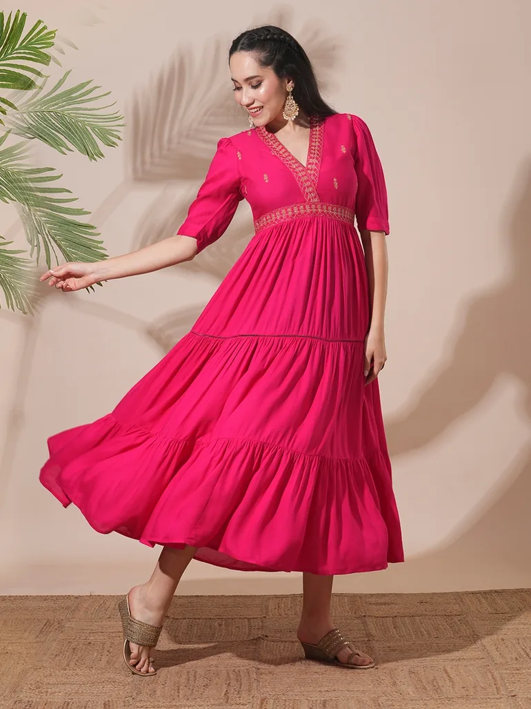 festive pink dress A graceful pink dress featuring an intricately multicolor bead work and stylish puff sleeves for a perfect festive look. . . . #GajriPink #EthnicWear #FestiveReady #PuffSleeves #EmbroideredDress #DesiStyle #IndianFashion #dress #