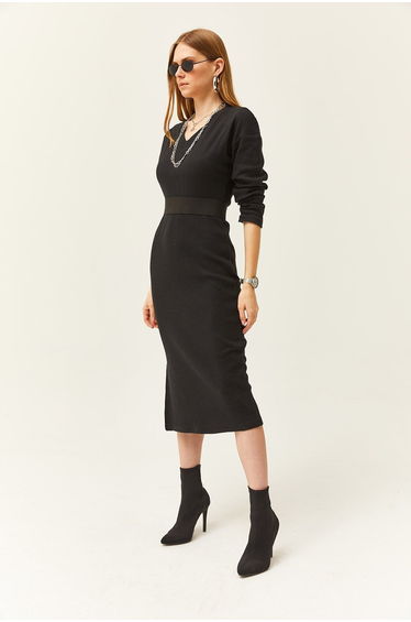 Olalook Black Column Midi Dress with Long Sleeves