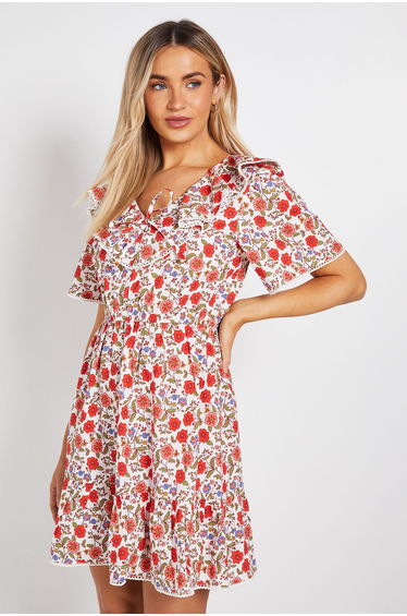 Collar Tie Detail Flutter Sleeve Mini Dress