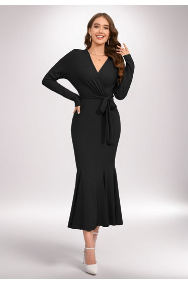 Surplice Neck Tie Waist Mermaid Dress in Black