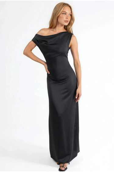 Asymmetrical Collar Bodycon Satin Maxi Dress