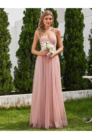ever JAYCEE|Chic Lace Sheer Back and Cross Straps V-Neck Sleeveless Bridesmaid Dress