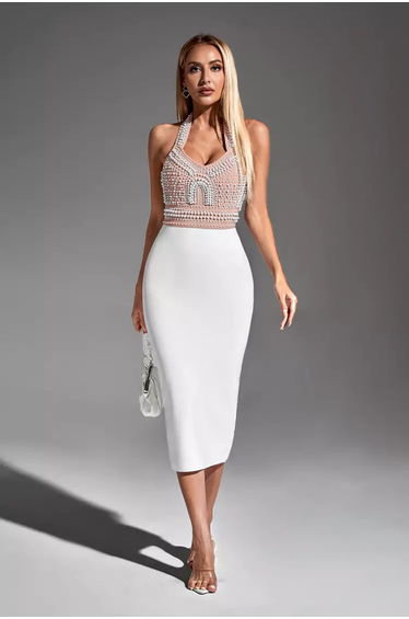 Mia White Pearl Halter Bandage Dress