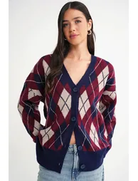 Mixray Oversize Argyle V-Neck Buttoned Cardigan - 1