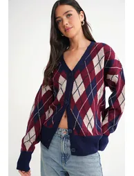 Mixray Oversize Argyle V-Neck Buttoned Cardigan - 2
