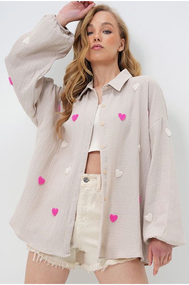 Women's Beige Suzene Heart Embroidered Oversize Muslin Linen Shirt