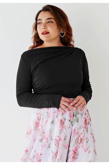 Ruched Front Long Sleeve Top in Black