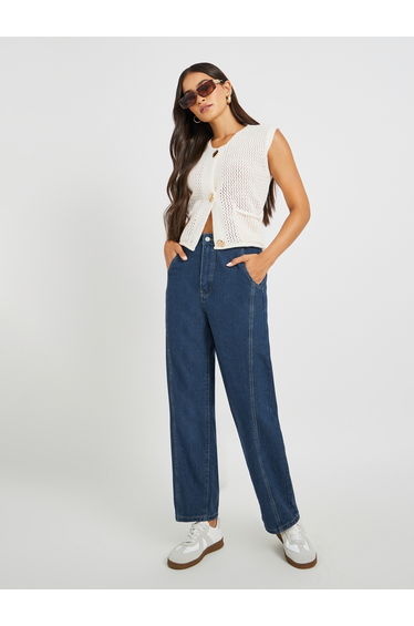 Mid Rise Cut and Sew Detail Barrel Fit Jeans with Wide Belt Loops