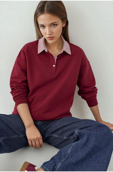 Oversized Polo Neck Sweatshirt with Woven Garni Detail