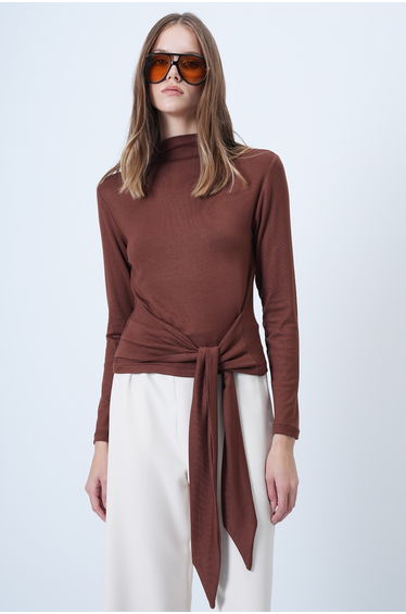 Women's cinnamon brown high neck tie waist blouse