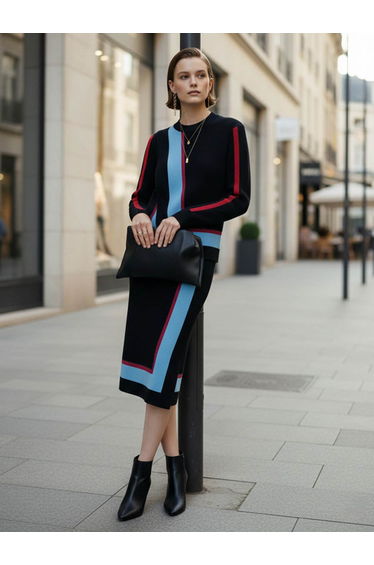 Irregularity Long Sleeves Abstract Printed Asymmetric Contrast Color Ribs Split-Joint Round-Neck Sweater Tops