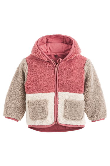 Zip-Up Hooded Cardigan in Teddy Faux Fur with Jersey Lining