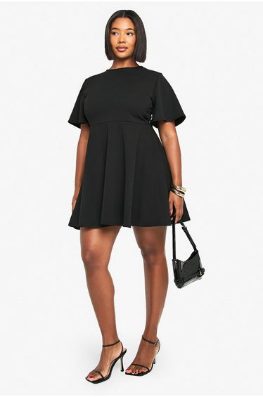 Plus Pleated Angel Sleeve Skater Dress - black
