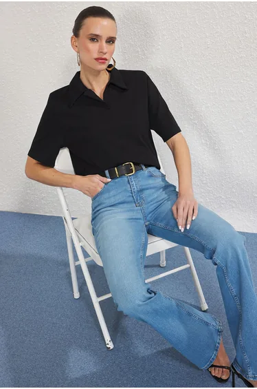 تيشيرت قطن بياقة بولو - أسود مبطن