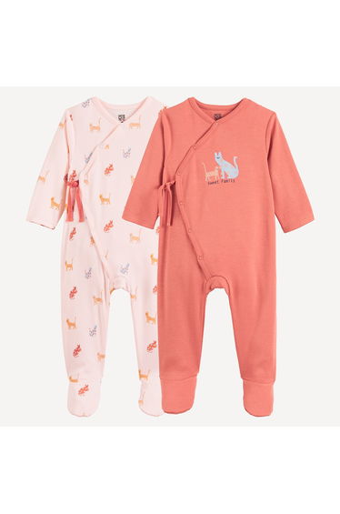 Pack of 2 Cat Print Cotton Sleepsuits