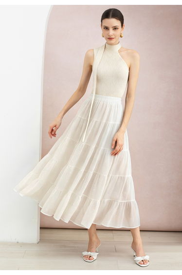 Sparkling Rhinestones Tiered Frilling Chiffon Maxi Skirt in Cream for Evening Party & Dressy Brunch