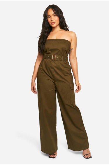 Plus Utility Bandeau Belted Jumpsuit - khaki