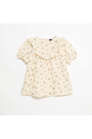 Round Neck Blouse with Ruffled Bib BEIGE