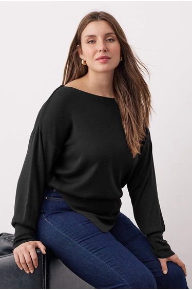 Black Mercerized Look Boat Neck Slit Detailed Slim Knitwear Sweater