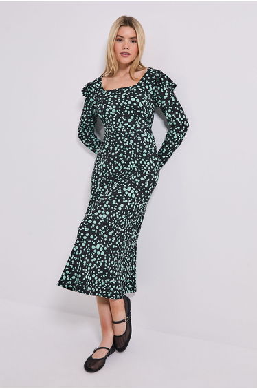 Green Spot Square Neck Ruffle Shoulder Jersey Midi Dress