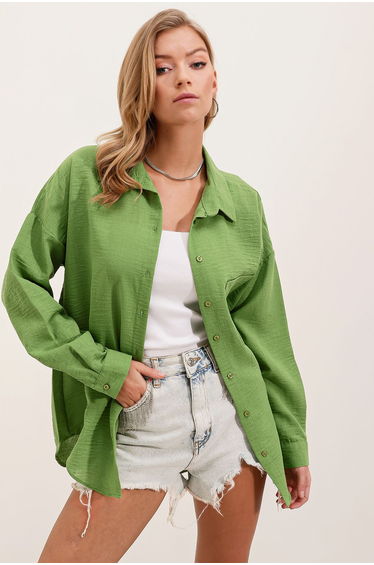20153 Single Pocket Oversize Linen Shirt - E.green