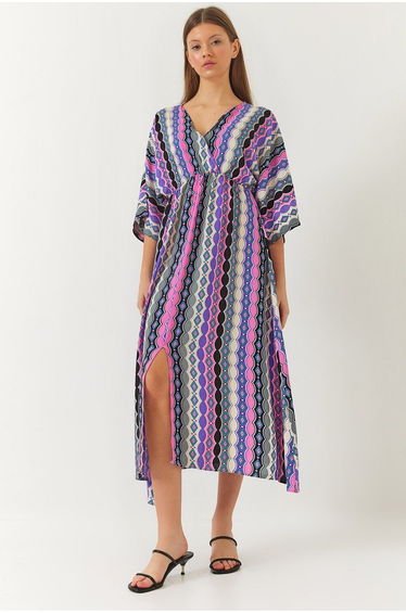Women's Double Breasted V Neck Front Slit Detail Print Dress