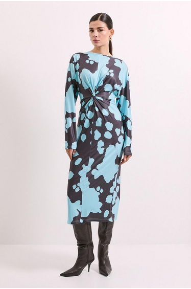 Blue Printed Twist Front Jersey Midi Dress