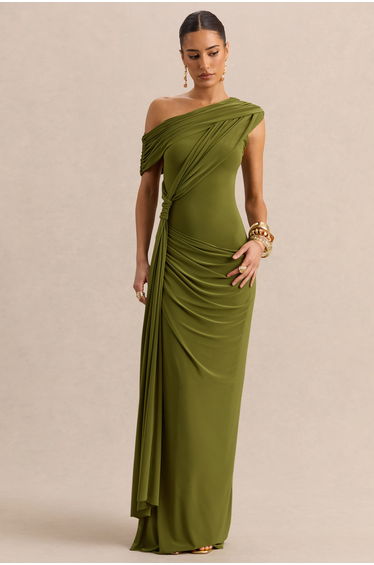 Avialee | Green Asymmetric-Neck Maxi Dress With Gathered-Detailing And Sash