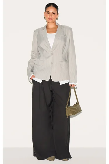 Plus Light Grey Pinstripe Shirt Detail Blazer