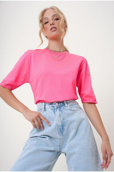 Women's Fuchsia Crew Neck Half Sleeve Knitwear Blouse
