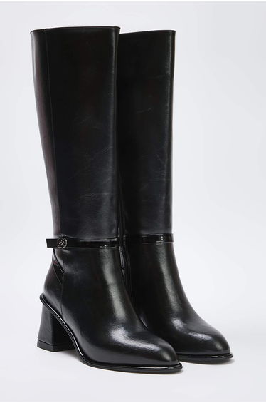 Black wrinkled leather block heel premium faux leather boots