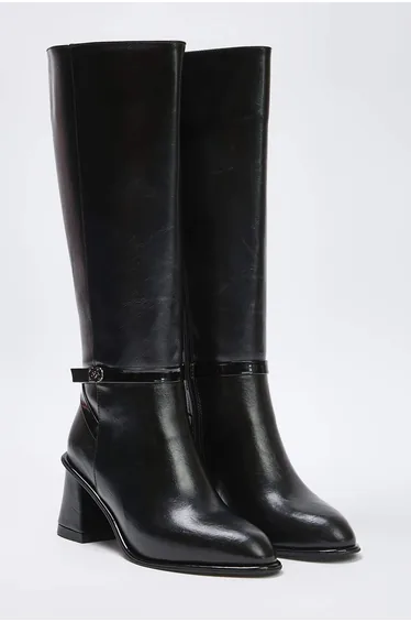 Black wrinkled leather block heel premium faux leather boots