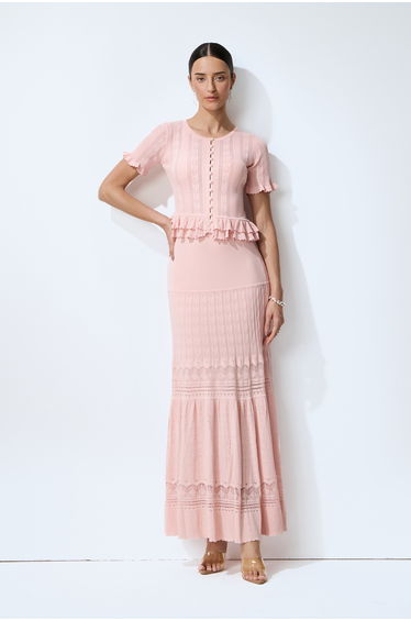 Sweetly Poised Pink Peplum Ruffle Knit Top & Skirt Set