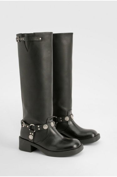 Western Style Buckle Detail Knee High Boots - black