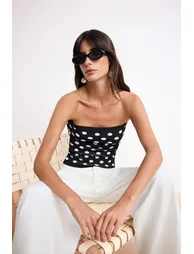 Black Strapless Polka Dot Knitwear Blouse - 1