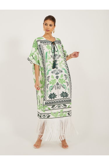 Printed Fringe Hem Short Sleeves Kaftan Maxi Dress