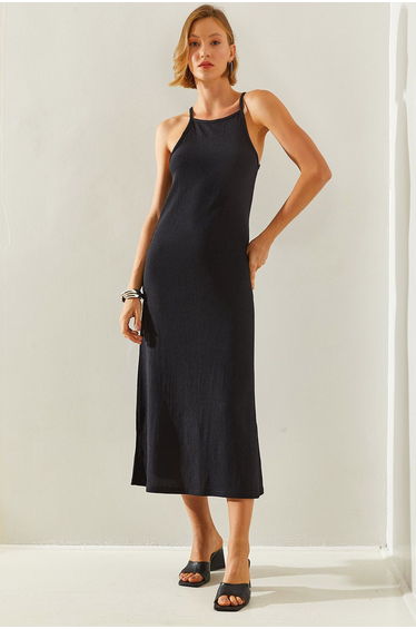 Women's Thin Strap Halter Neck Slit Crinkle Dress