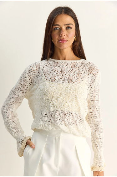LUCCI Textured Crew Neck Frilly Knit Sweater